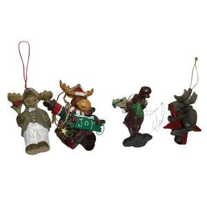 Rustic Moose Christmas Ornament Set of 4, Woodland Cabin Holiday Decor, Resin